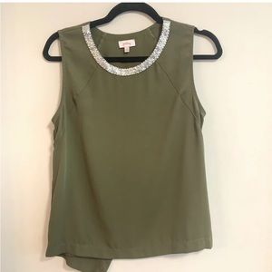 Pixley XS Sheer Embellished Blouse Olive Green Sleeveless Asymmetrical Back